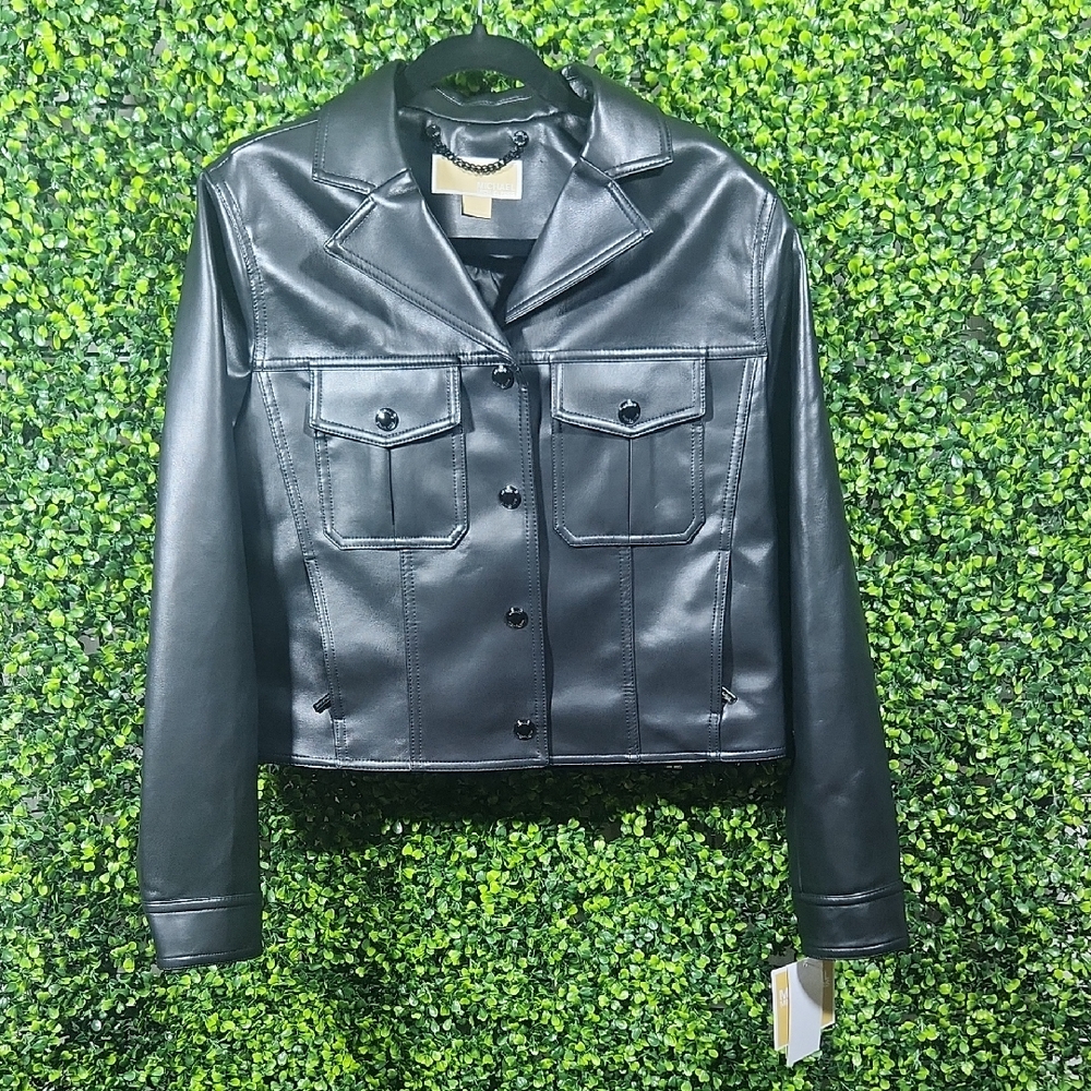 Michael Kors Black Leather Jacket Glossy Finish Large